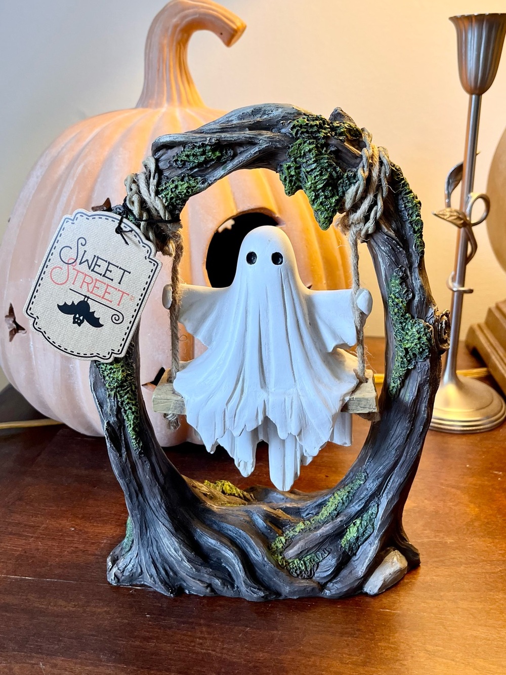 White Ghost on Tree Swing Halloween Figurine by Sweet Street